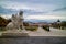 Marble statue of Woman Sphinx on a parapet of Belvedere Palace in Vienna.