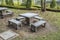 Marble table with checkerboard in the garden