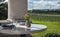 Marble Table with Dinner Settings and Flower Vase over Vineyard