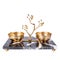 Marble tray with gold bowls isolated on a white background