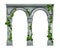 Marble vector arch illustration, stone ancient column colonnade isolated on white, green ivy leaves.