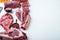 Marbled beef meat steak cut, tomahawk, t bone, club steak, rib eye and tenderloin cuts, on white stone  background, with copy