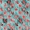 Marbled grunge blotch drip pattern background. Worn turquoise blue red grunge abstract repeat. Book end paper seamless