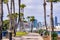 March 19, 2019 San Diego / CA / USA - Paved alley lined up with palm trees on Coronado Island; San Diego`s downtown visible in th