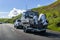March 20, 2019 Los Angeles / CA / USA - Truck carrying large boat on the interstate