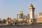 March 2014 - Tianjin, China - European style bridge with golden statues in Tianjin