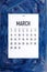 March 2020 simple calendar on trendy classic blue color