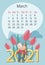 March 2021. Calendar. Funny calf on the background with pink tulips and large numbers. Year of Ox