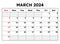 March 2024 calendar. Vector illustration. Monthly planning