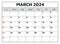 March 2024 calendar. Vector illustration. Monthly planning for your business