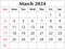 March 2024 ENGLISH month calendar. png transparent printable illustration. Monthly