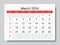 March 2024 ENGLISH month calendar. Vector printable illustration