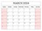 March 2024 ENGLISH month calendar. Vector printable illustration. Monthly planning for your events