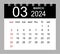 March 2024. Vector monthly calendar template 2024 year in simple style for template design