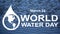 March 22 is World Water Day. Words and symbols on a background of waves. A drop of water with a globe inside with North and South