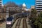 MARCH 26, 2108 - Passenger Metro train with US Capitol in background approaches L\'enfant Plaza. Engine, move