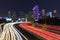 MARCH 5, 2018, DALLAS SKYLINE TEXAS, and Tom Landry Freeway, with streaked lights on Interstate 30. Light, Speed