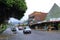 March 7 2023 - La Fortuna, Costa Rica: Main street with cars, shops and pedestrians