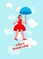 March 8 Cheerful woman flies on an umbrella. International Women\\\'s Day postcard, congratulation