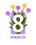 March 8 greeting card. International Women`s Day banner. Realistic bouquet of pink and yellow tulips with bold green number 8 in