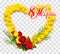 March 8 text translation from Russian. Yellow mimosa and red rose wreath heart shape