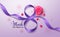 March 8 vector background design. Women`s day greeting text with march 8 in purple ribbon and camellia flower elements