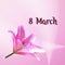 March 8 vector illustration. Greeting card with pink Lily