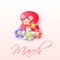 March 8, Women s Day greeting card with red number 8 and ceramic flowers. Vector