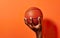March madness poster. Hand holding photorealistic orange basketball ball isolated on warm orange background. AI Generative