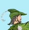 Marching Robin Hood. Robin Hood in a hat with feather. Defender of weak. Medieval legends. Heroes of medieval legends