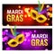 Mardi Gras brochure banner design. Golden fat tuesday symbols and letters. Greeting card with mask carnival.