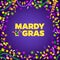 Mardi Gras carnival background with colorfull confetti, serpentine, beads frame. Text with Jesters hat. Vector