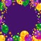 Mardi Gras carnival background with colorfull flying balloons, confetti, serpentine frame with place for text. Isolated