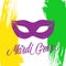 Mardi Gras celebrate card with calligraphic lettering text design, brush stroke background and carnival mask.