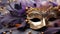 Mardi Gras celebration costume, mask, parade, elegance, gold, fun generated by AI