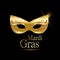 Mardi Gras golden carnival mask with ornaments for poster, greeting card, party invitation, banner or flyer on black background.