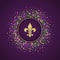 Mardi Gras holiday background. Round dotted frame with golden glitter fleur de lis.