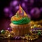 Mardi Gras-inspired cupcake. AI