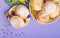 Mardi Gras King Cake Doughnuts or Donuts, Carnival Masks on Purple Background