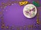 Mardi Gras King Cake Sufganiyot Donuts, Carnival Masks on Purple Background