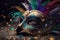 Mardi gras mask with lot of shiny confetti glitter and feathers. Neural network AI generated art