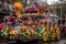 a mardi gras parade, with colorful floats, performers, and revelers