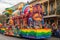 a mardi gras parade, with colorful floats, performers, and revelers