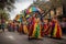 mardi gras parade marching down the street, with colorful floats and costumes