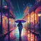 Mardi Gras Rain Walk - Colorful Umbrella & Neon Reflections