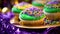 Mardi Gras Treats food and drinks in purple, green, yellow colors background. Masquerade festival carnival masks, gold