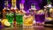Mardi Gras Treats food and drinks in purple, green, yellow colors background. Masquerade festival carnival masks, gold