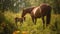 Mare and foal grazing in tranquil meadow generated by AI
