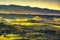 Maremma countryside, sunrise foggy landscape. Bibbona, Tuscany,