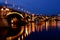 The Margaret bridge in Budapest with reflections at blue hour. closeup view.